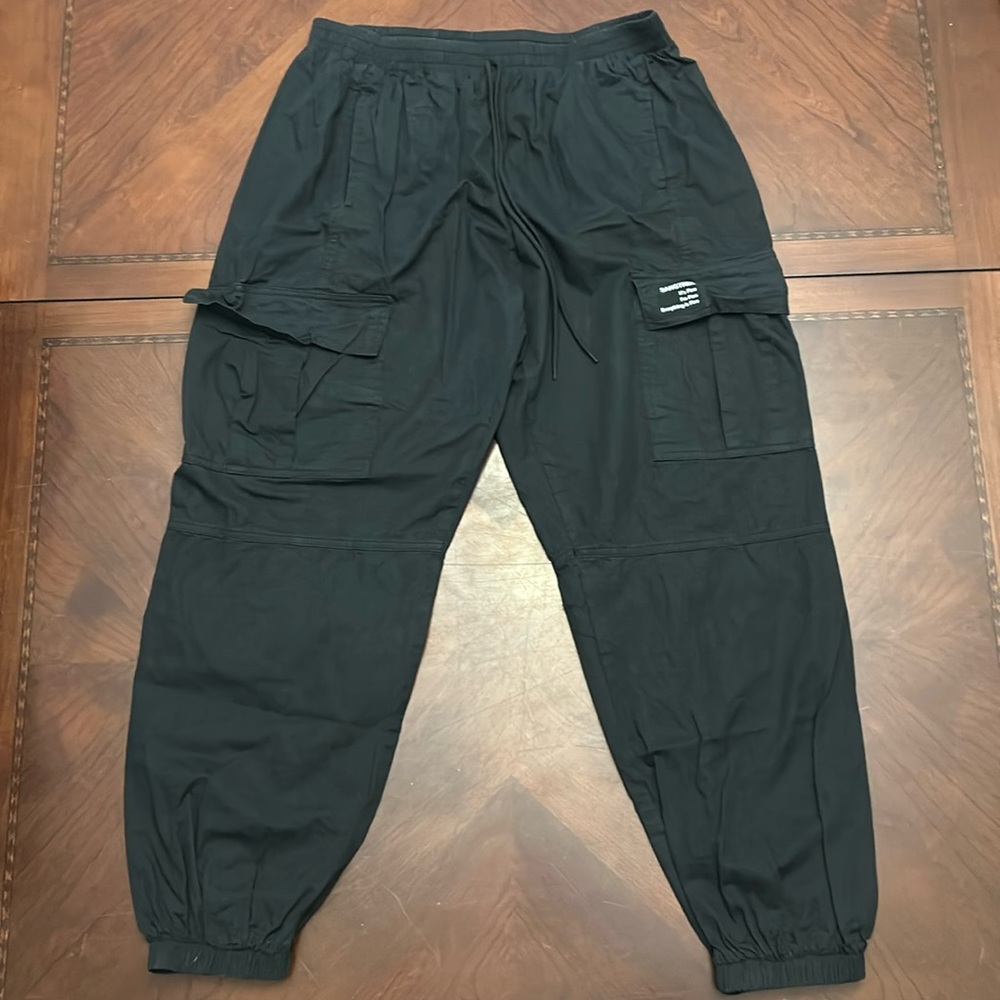 Wmn Cargo Pants Elastic Waist Drawstring Tapered Jogger Pants pockets Black,L